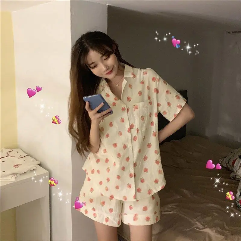 

Strawberry Women Pajamas Shorts Set Sleepwear Kawaii Summer Pijama Set 2 Pieces Loungewear Pocket Korean Short Sleeve Home Suit