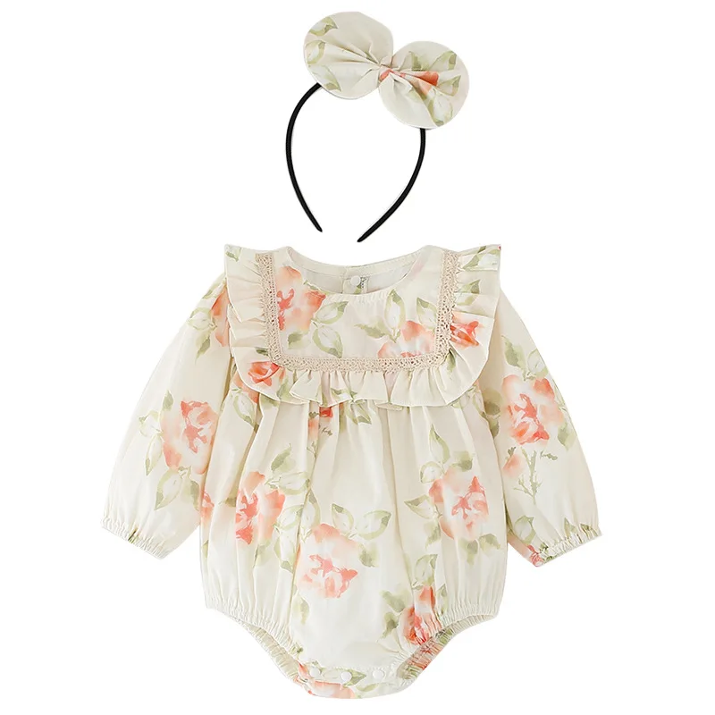 RiniKinda 2022 Autumn Toddler Baby Girls Rompers Girls Floral Full Sleeve Bodysuits Dress Newborn Baby Girl Clothes Outfits