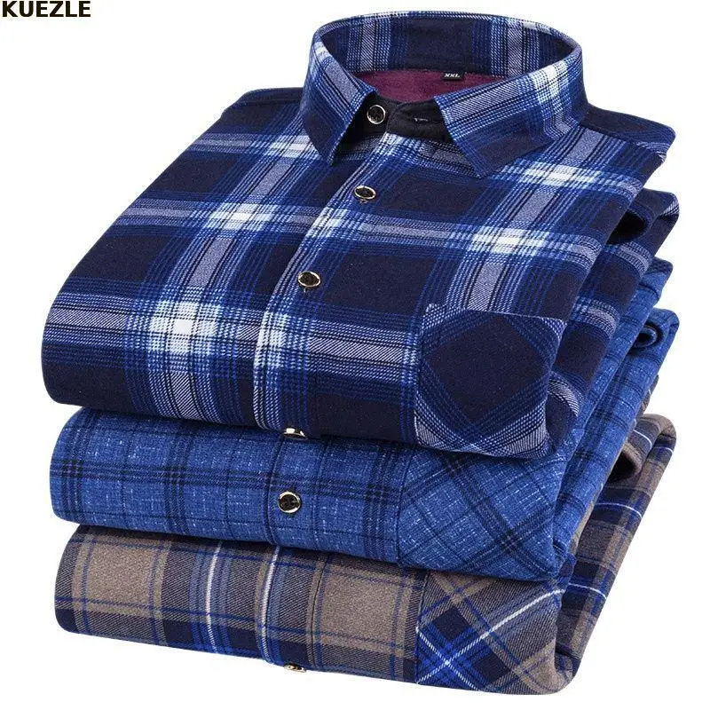 

2022 Men Brand Winter Warm Leisure Long Sleeved Plus Thick Printed Plaid Shirt Wool Double-sided Velvet No-shrinkable Top Blouse