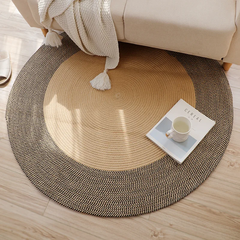 

Japan Style Woven Carpets Jute Fabric Round Floor Rug Simple Tea Table Mats Bedroom Bedside Living Room Retro Home Decor Rugs