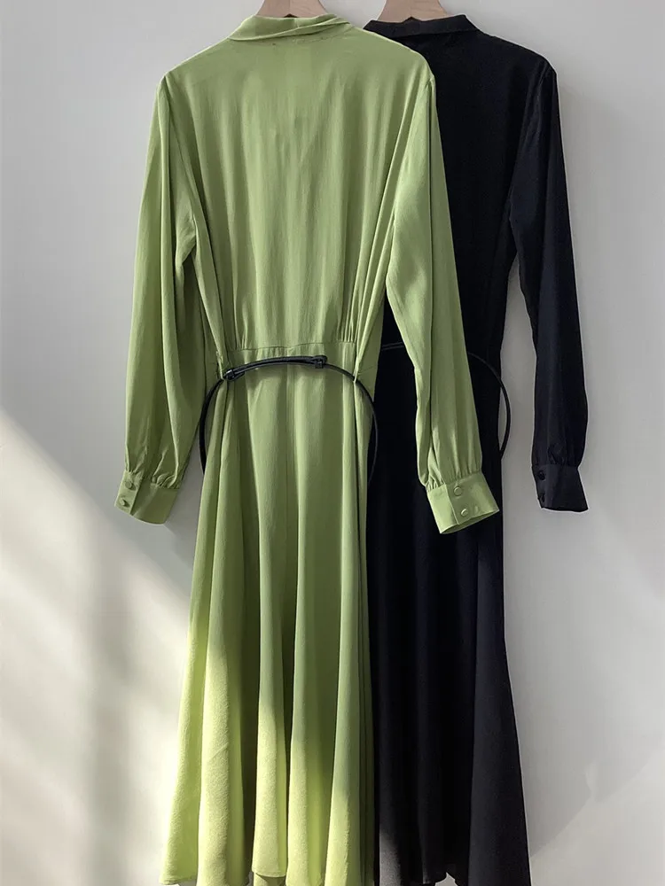 Women 100% Silk Bow Slit Side Zipper Green or Black Dress 2023 Spring Summer Elegant Ladies Long Sleeve Midi Robe with Sashes