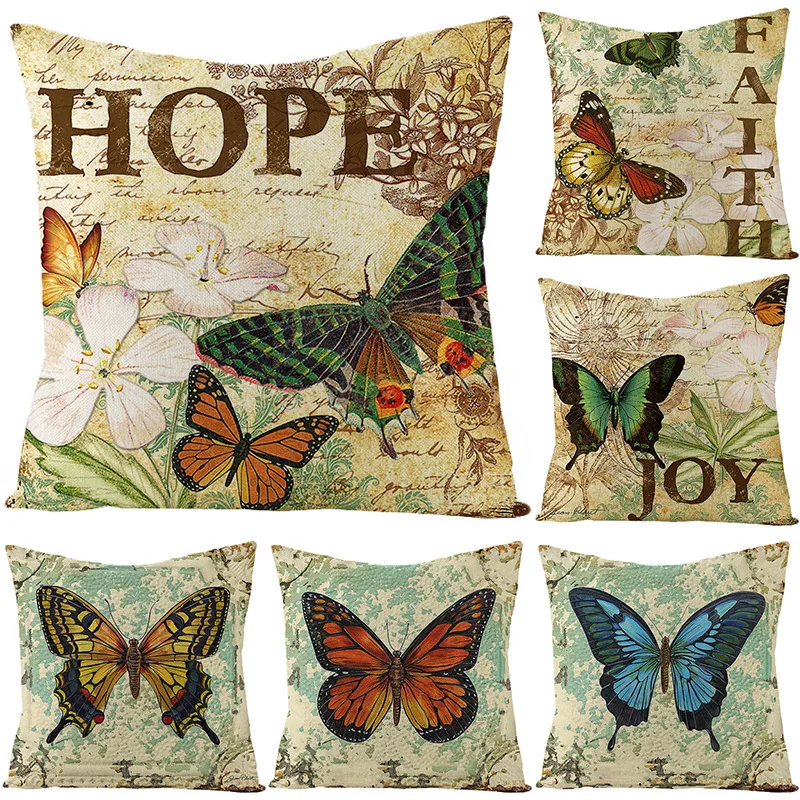 

New Colorful Retro Butterfly Throw Pillow Covers Decorative White Gray Sofa Linen Cushion Cover for Car Chair Home Decor fast