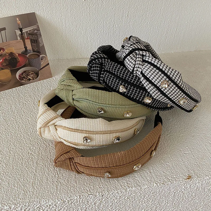 

Autumn and Winter New High Skull Top with Diamond Wide Edge Hair Band Pattern Thousand Bird Grid Wash Headband Accessories