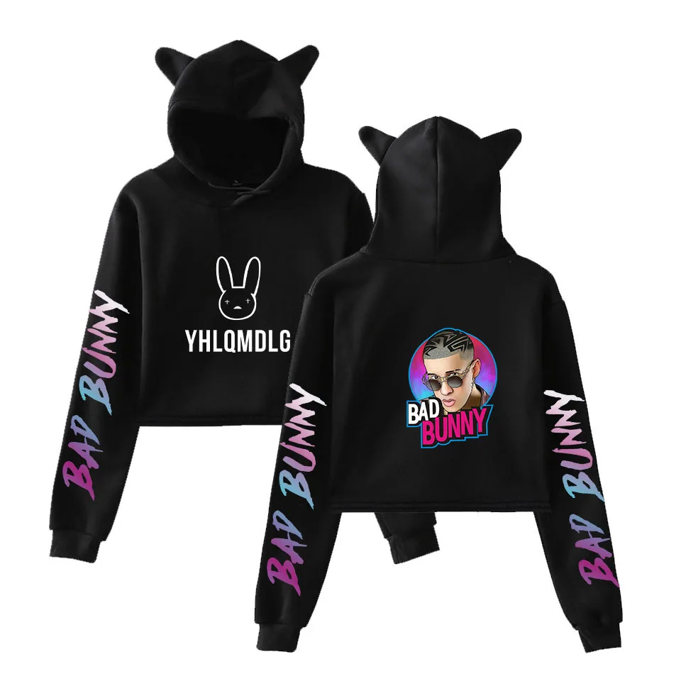 

Female sweatshirt Bad Bunny Hoodie Long Sleeve Pullover Tops Short Jumper Sweatshirt Casual Hooded Crop Top Sportswear