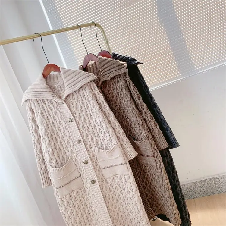 

South Korea Dongdaemun Big Lapel Sweater Cardigan Korean Version Loose College Style Fried Dough Twists Long Knitting Coat Women