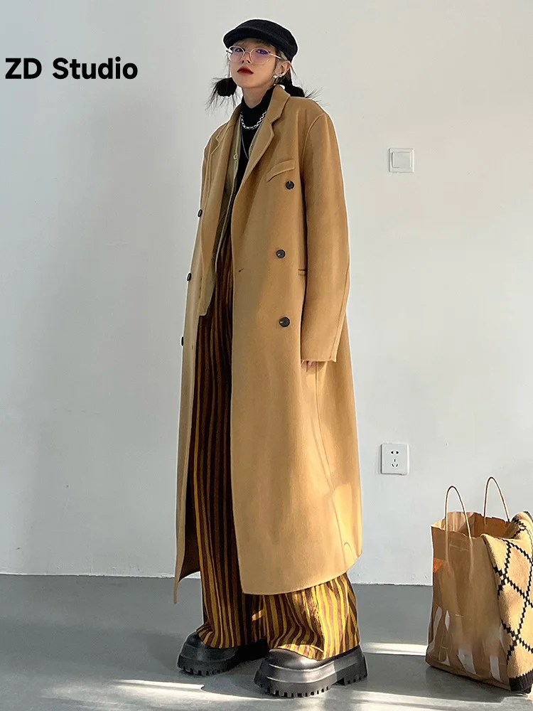 

[ZD Studio] Loose Fit Khaki Double Breasted Size Long Woolen Coat Parkas New Long Sleeve Women Autumn Winter 2023