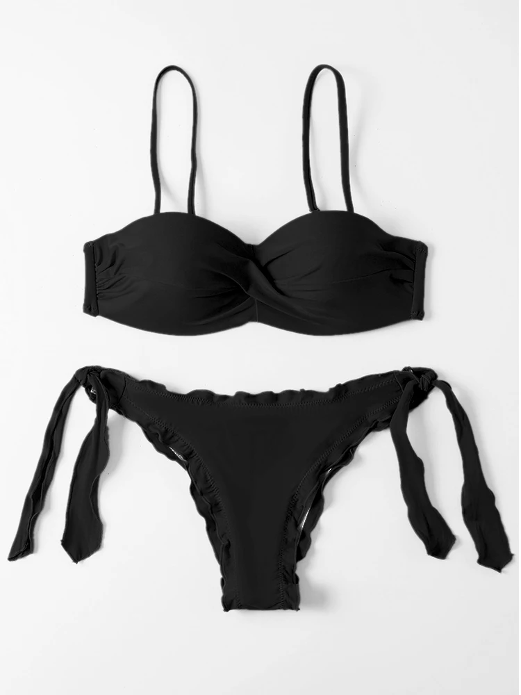 Соблазнительный купальник-бикини новинка 2022 бандажный однотонный черный