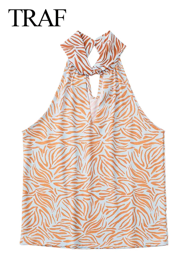 

TRAF Fashion Retro Trend Stripe Print Short Women's Sleeveless Top Casual Daily Skin-Friendly Halter V-Neck Lady Sling Top