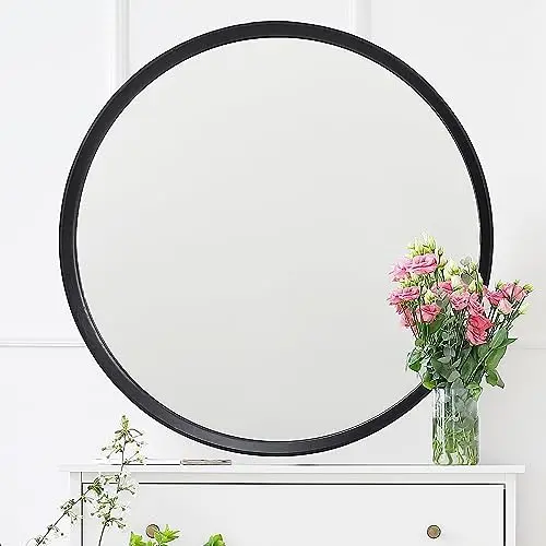 

Round Wood Mirror 30 Inch, -Mounted Circle Mirrors, Suitable for Entrance, Bedroom, Living Room, Hallway, Bathroom, Vanity (Brow