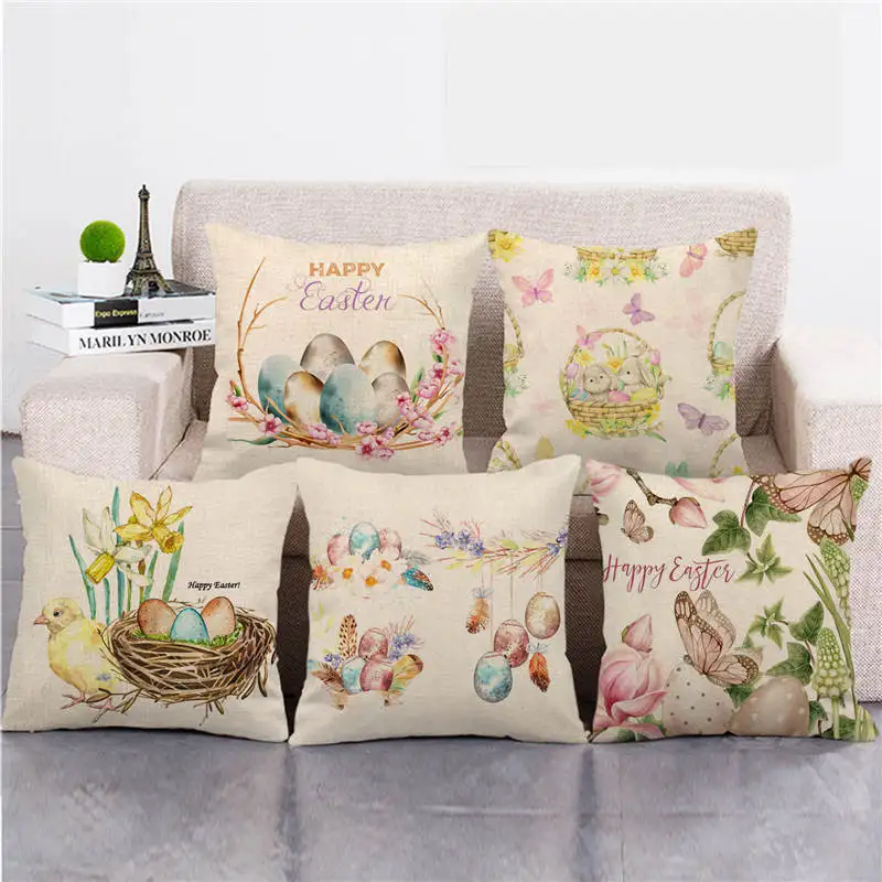 

Easter Decor 2023 Pillow Covers Cartoon Bunny Eggs Printed Cushion Cover Spring Holiday Party Decorative Pillowcase for Couch