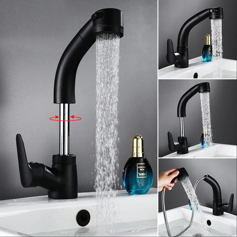 

Onyzpily Black White Basin Faucet Bathroom Pull Out Spout Single Handle Hot Cold Mixer Taps Lift Up and Down Kitchen 360 Rotate