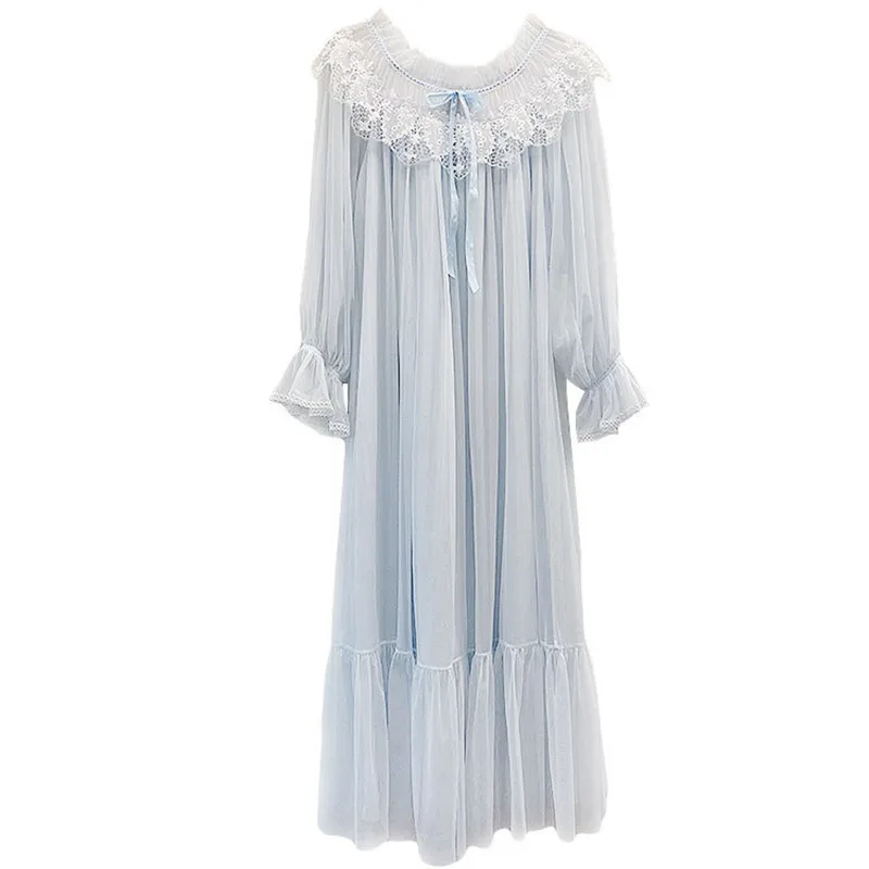 Princess Vintage Wedding Gown Sweet Lace Round Neck Long Nightgown Women Loose Full Sleeves Mid-Calf Pure Cotton Lining Nightie