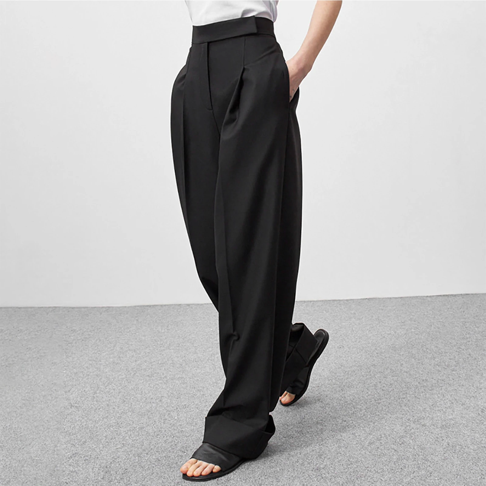Spring Summer Black Ladies Office Trousers Women High Waist Pants Pockets Female Solid Pleated Casual Wide Leg Pants Suit 2023