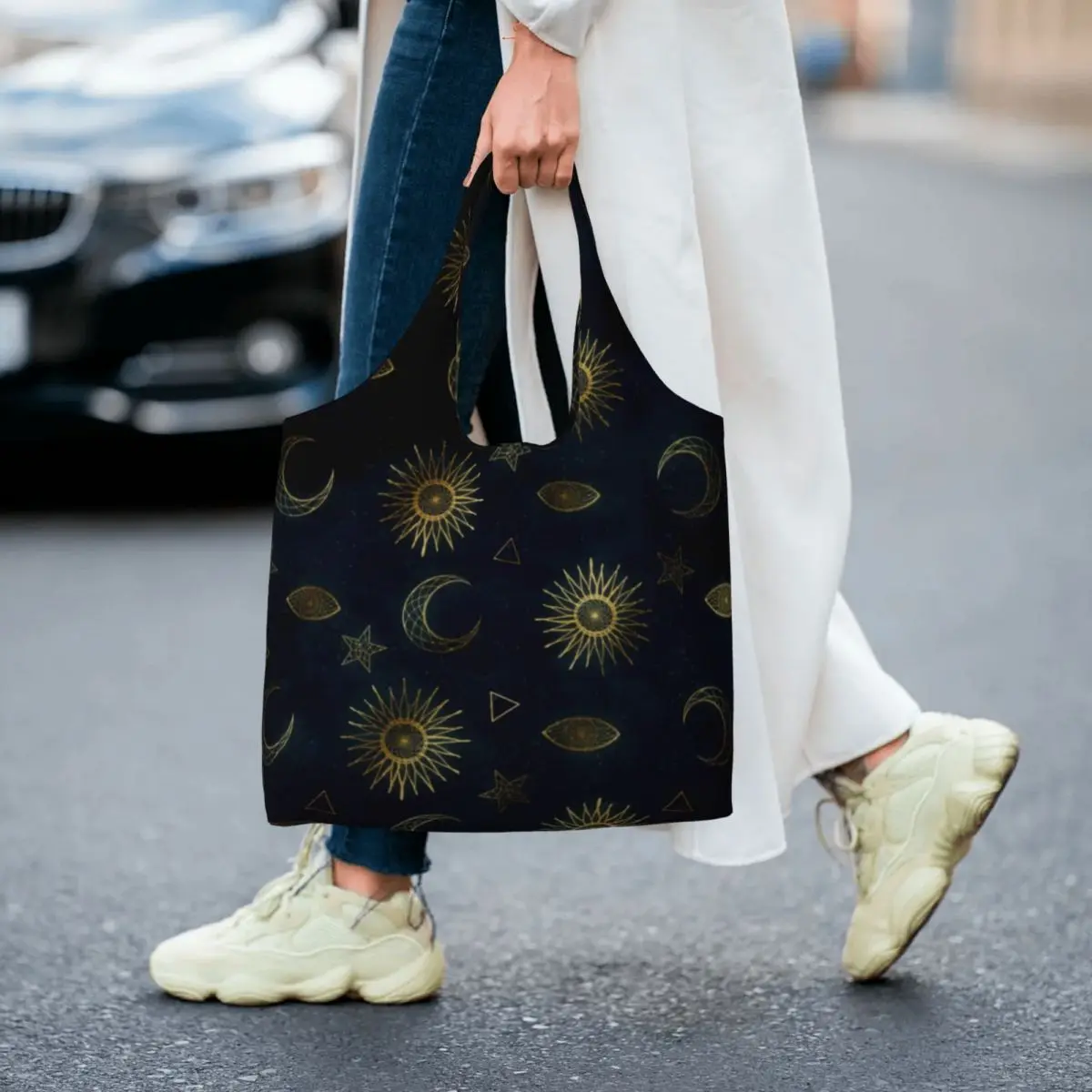 

Magical Symbol Shopping Bag Gold Moon Sun Stars Woman Bulk Handbags Vintage Cloth Shopping Bags
