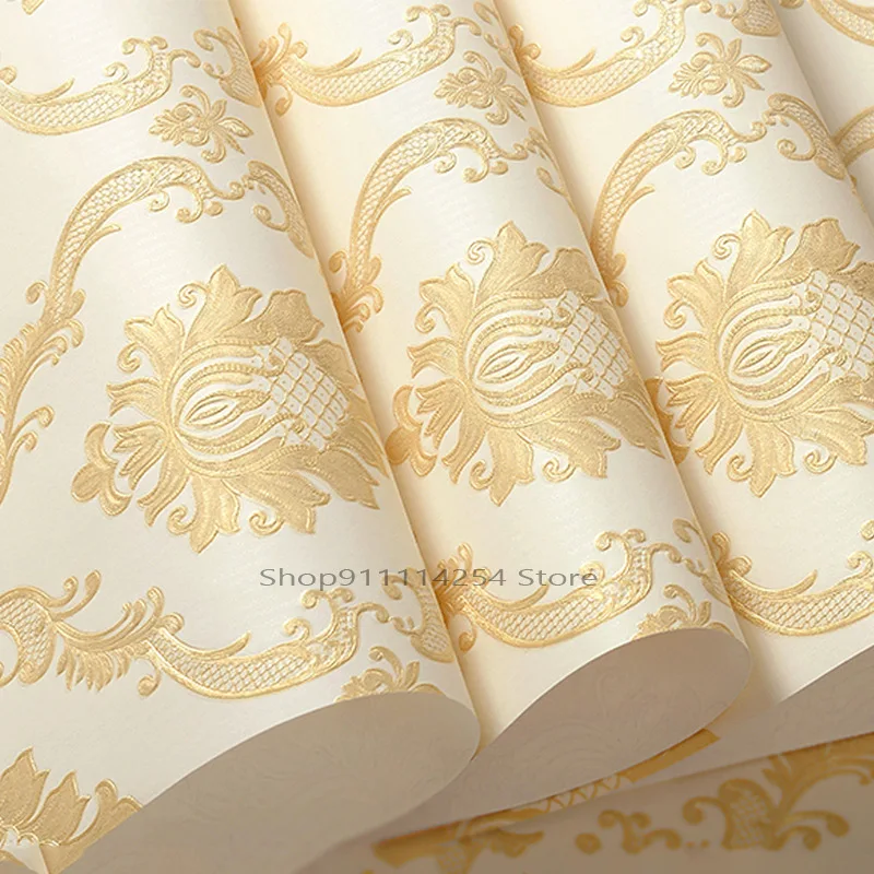 

European-style non-woven 3d luxury three-dimensional golden Damascus TV background bedroom living room wallpaper thickening