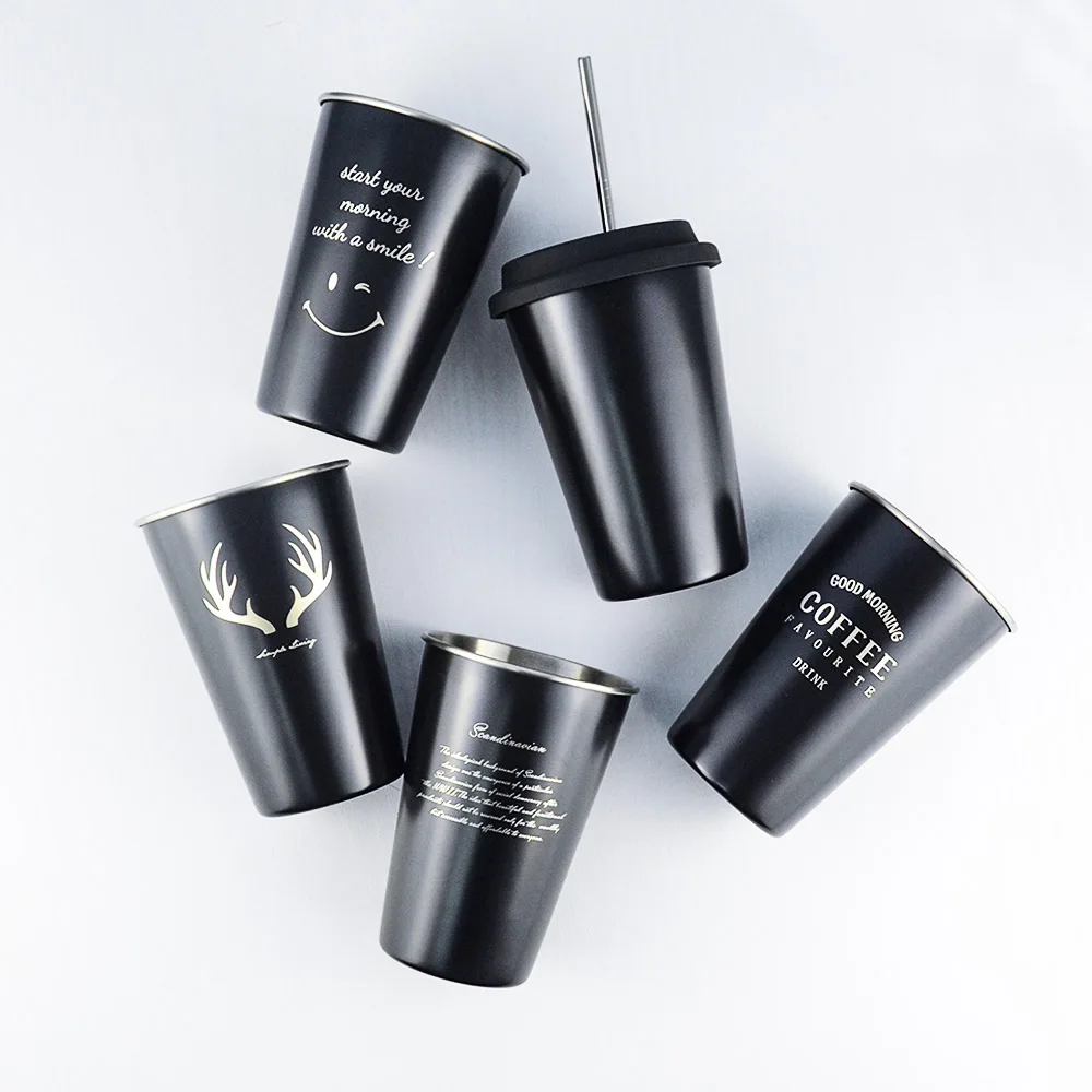 

Black Stainless Steel Coffee Mug Silicone Lid Creative Letter Pattern Travel Camping Tea Milk Cups Home Office School Gift 500ml
