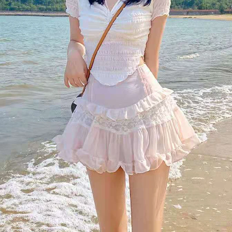 

Kawaii Harajuku Pleated Mini Skirt Women Lolita Fairycore Skirts Pink Aesthetic Cottagecore Korean Fashion Summer Clothes