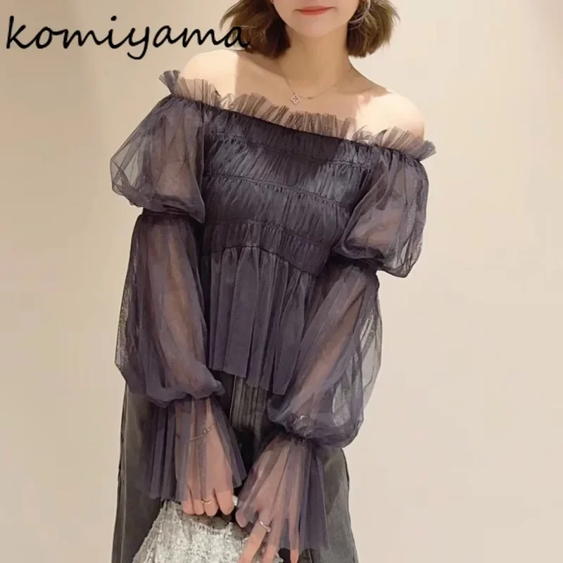 Рубашки с воротником-лодочкой блузки сетчатые пышными рукавами женские