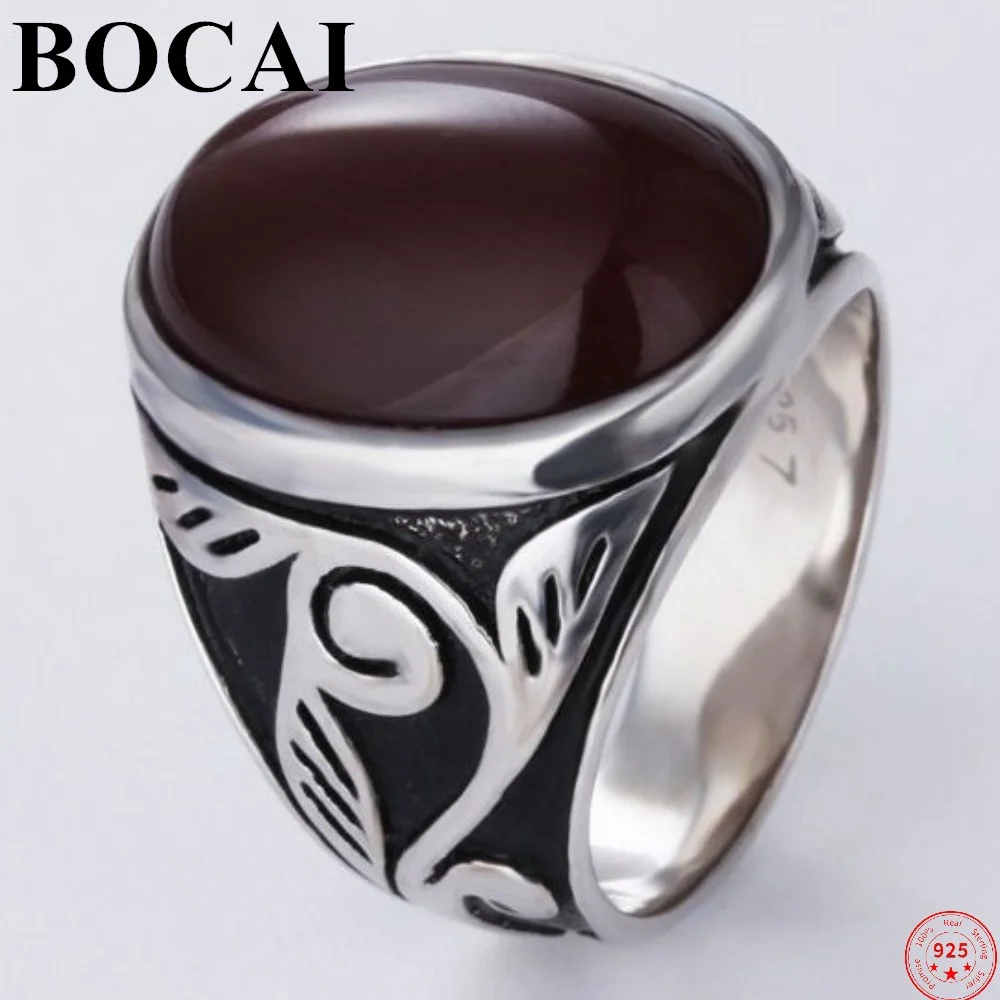 

BOCAI S925 Sterling Silver Charm Rings 2021 Popular Jewelry Oval Agate Retro Totem Pattern Pure Argentum Gem hand Ornament Men
