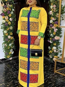 VONDA 2022 Oversize Mock Neck Maxi Robe Female Casual Y2K Vintage Printed Party Vestidos Elegant Women Long Sleeve Holiday Dress