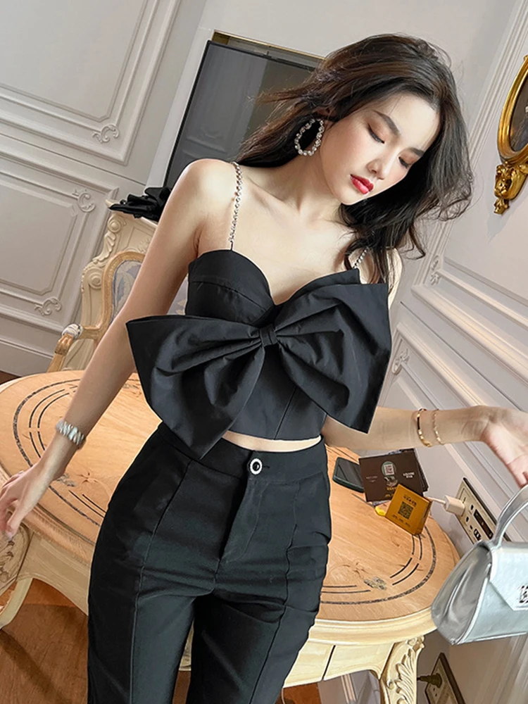 

Summer Women’s Casual Chic Sexy Cute Black Shiny Diamond Strap BacklessTops Satin Bow Zipper Short T-shirt Party Lady Clothes