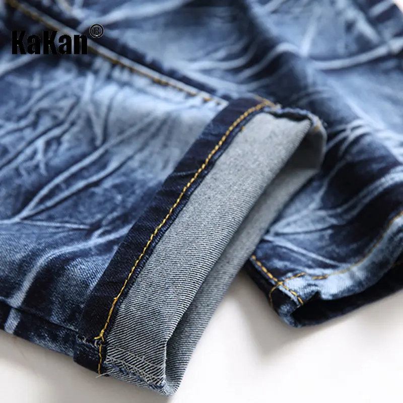Kakan - European and American New Deep Blue Perforated Jeans for Men, Worn Out Stretch Trendy Straight Length Jeans K36-613