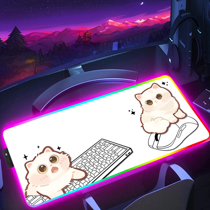 

Large Gaming Mouse Pad Cute Cat Rubber Mousepad Gamer Locking Edge Accessories RGB HD Print Computer Mouse Mat LED Keyboard Mat