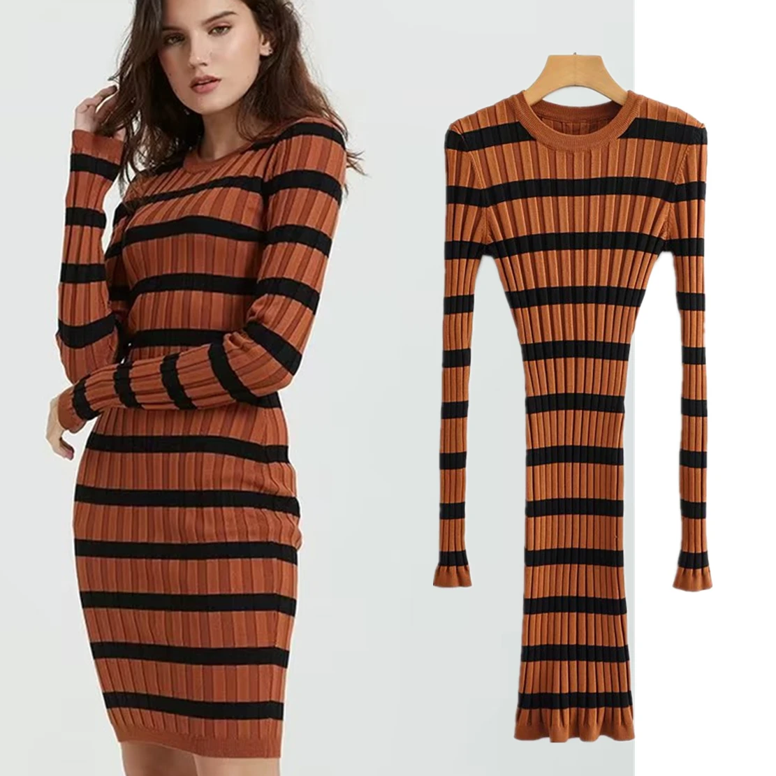 

Elmsk Vintage Striped Knitted Dress Fashion Sexy Sheath Mini Dress Women