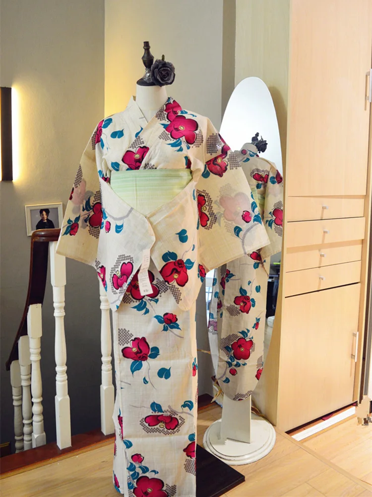 

Женское традиционное кимоно с поясом, летнее хлопковое льняное платье с цветочным принтом, костюм для косплея, одежда для фотосъемки, Халат
