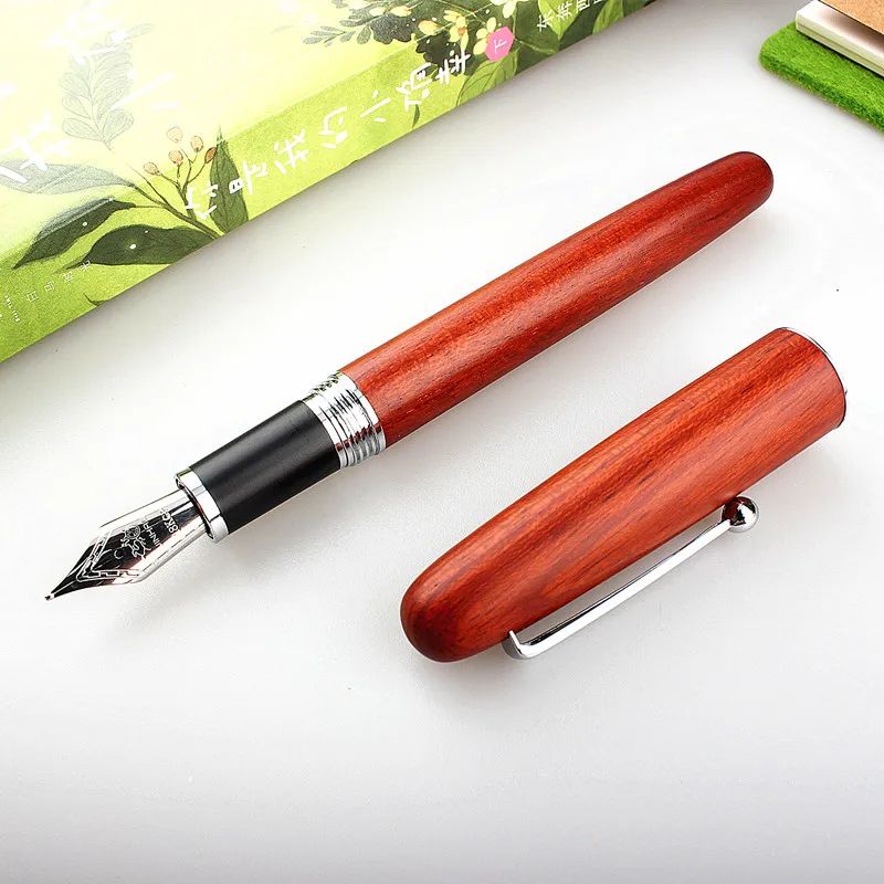 Ручка перьевая jinhao 9035 красная/коричневая деревянная спиннинговая серебристая