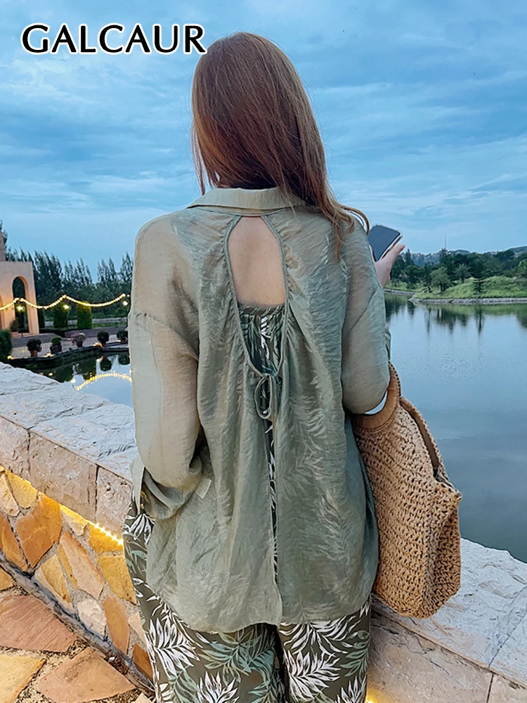 

GALCAUR Casual Shirts For Women Lapel Long Sleeve Solid Single Breasted Backless Cut Out Blouse Females Summer Clothing Fashion