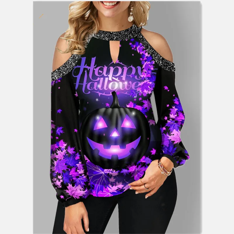 2022 New Halter Neck Button Round Neck Strapless Sexy Fashion Casual Halloween Print Casual Women's T-shirt Plus Size