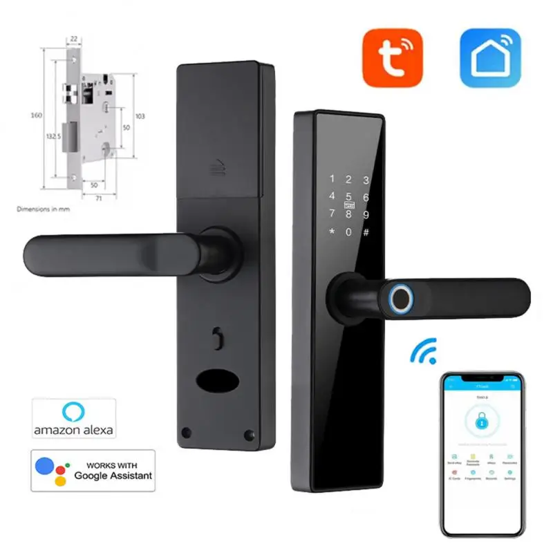 

Tuya Wifi Electronic Smart Door Lock With Biometric Fingerprint / Smart Card / Password / Key Unlock/ USB Charge