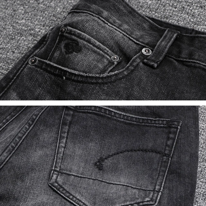 European Designer Fashion Men Jeans High Quality Retro Black Gray Elastic Slim Fit Ripped Jeans Men Vintage Denim Pants Hombre