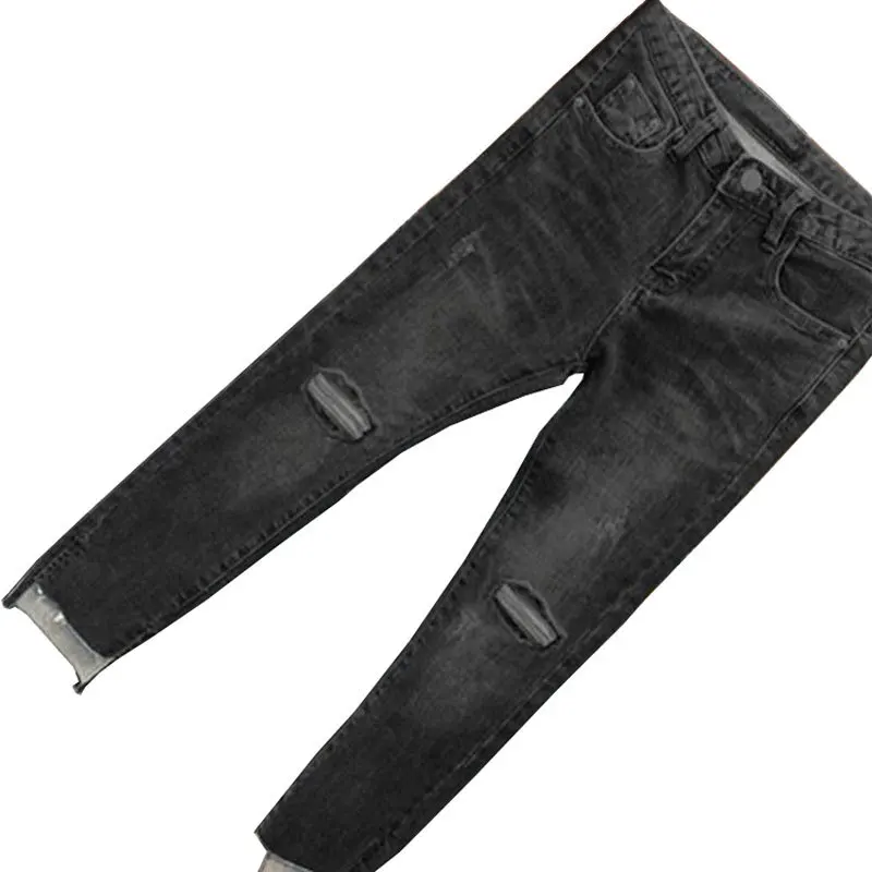 Ripped jeans denim knee hole women new Korean high waist slim slim nine points pencil pencil pants tide