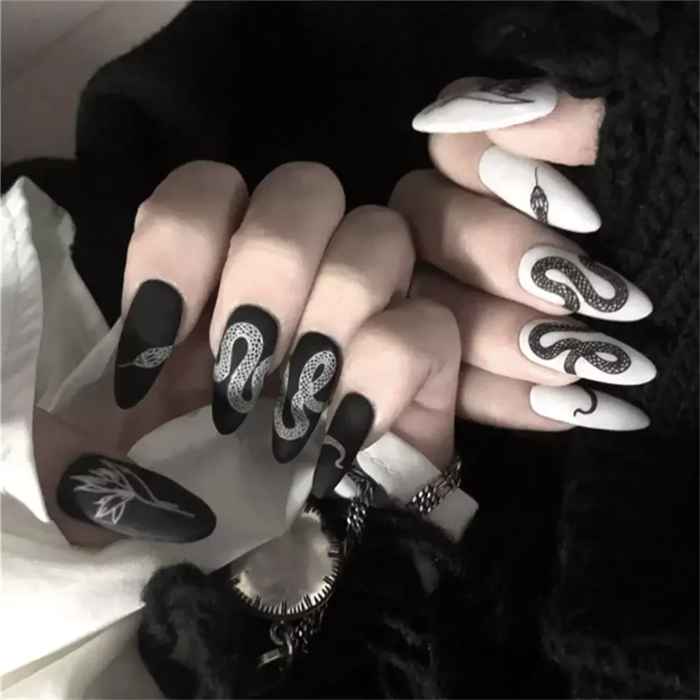 

Длинные искусственные ногти в стиле панк со змеиным узором черные белые матовые искусственные ногти Полный Типсы для маникюра Инструменты
