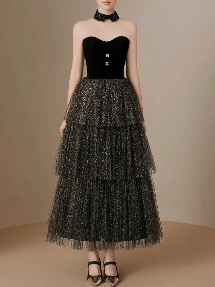 DEAT Элегантное платье без бретелек в стиле пэчворк с марлевыми пуговицами и