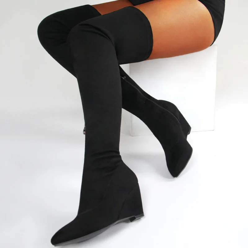 New Brand Knee High Boots For Women Fashion Black Wedge Heels Pointed Toe Over The Knee Boots 2022 Large Size Ladies Shoes