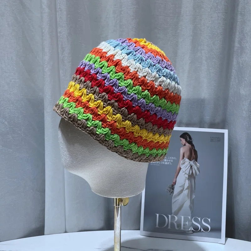 

Women Hollow Flower Knitted Fisherman Hat Handmade Crochet Rainbow Color Matching Basin Hat Spring Summer Sunscreen Sun Gorro