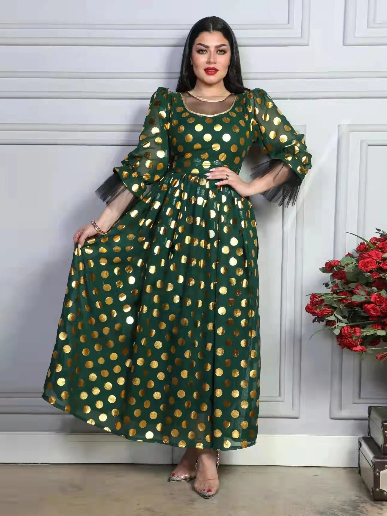 

Eid mubarak bronzing Fashion women muslim abaya dress Chiffon islamic clothing dubai Green maxi chiffon Women Party kaftan Dress