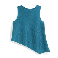 women summer sleeveless loose irregular tank top casual round neck all match miyake pleated solid vest t shirt female clothes