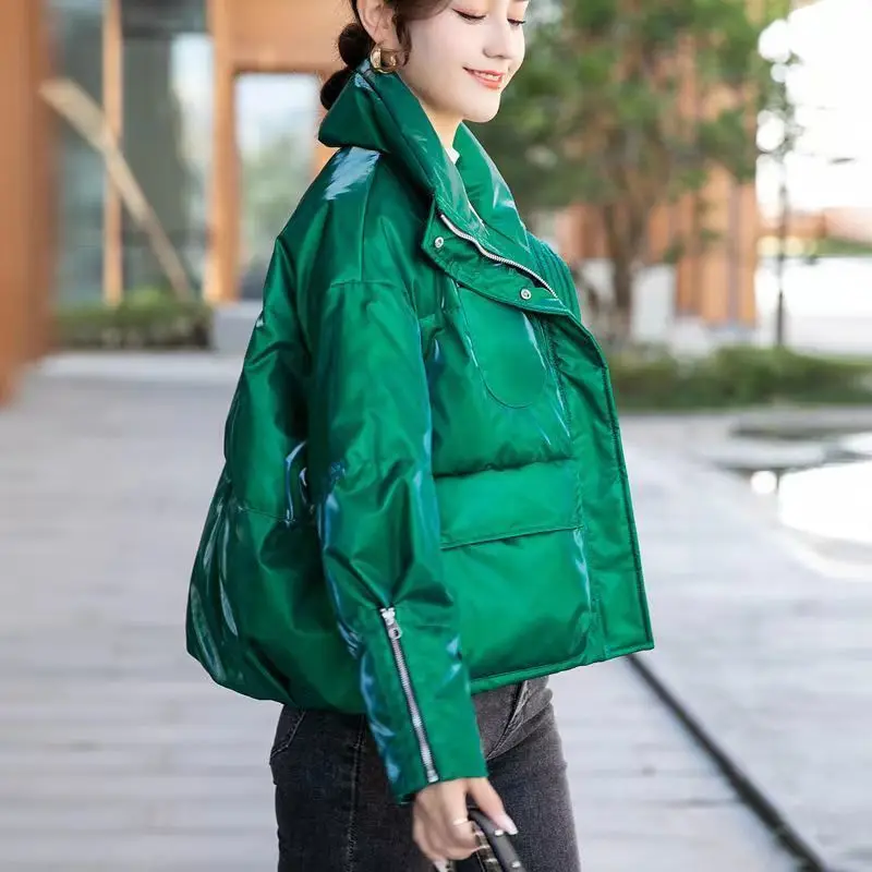 Parka Women Short Coats Jackets 2022 Winter Bright Side Cotton-Padded Pockets Splicing Turtleneck Thickening Skinny Parkas Woman