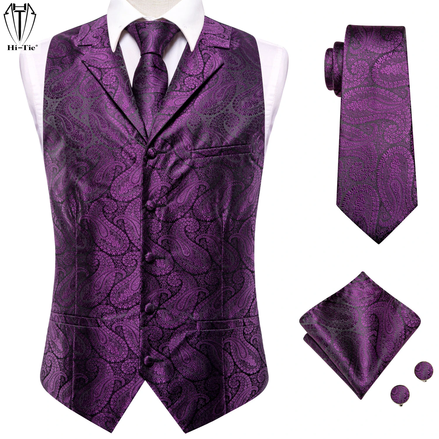 

Hi-Tie Purple Paisley Silk Mens Vest Tie Hanky Cufflinks Set Half Flat Collar Jacquard Waistcoat Jacket for Men Dress Tuxedo XXL