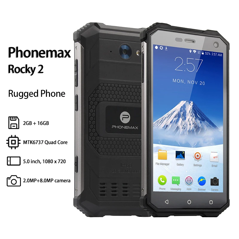 Phonemax Rocky 2 4000MAH Rugged Smartphone 8MP 4G LTE NFC IP68 Waterproof 2GB RAM 16GB ROM Quad Core Android 7.0 Outdoor Phone