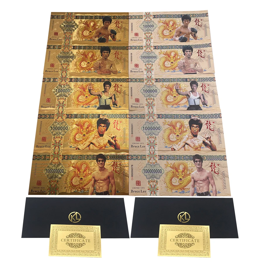 

5 Designs gold Colored Banknote Wholesale Bruce Lee 10000 dragon Banknotes set for Value Collection gift for Collection hobby