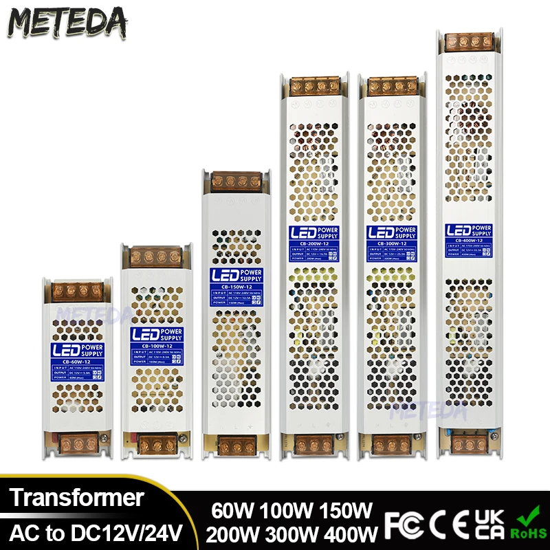 

Ultra Thin LED Power Supply DC 12V 24V Lighting Transformers 60W 100W 150W 200W 300W 400W AC180-260V Driver For LED Strip Lights