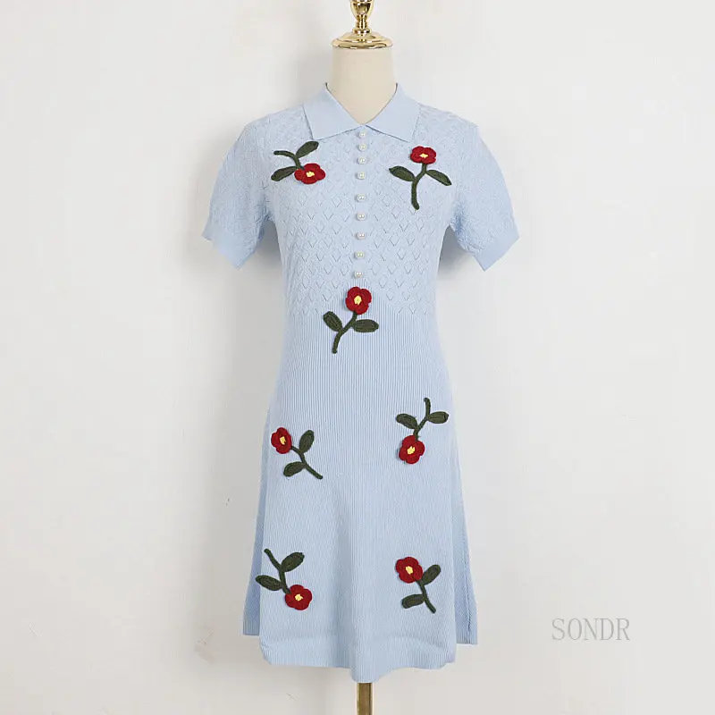 

Ice Silk Knitted Dress 2023 Spring Summer Three-dimensional Rose Chinese Lapel A-line Dress Women Black Dress Vestidos
