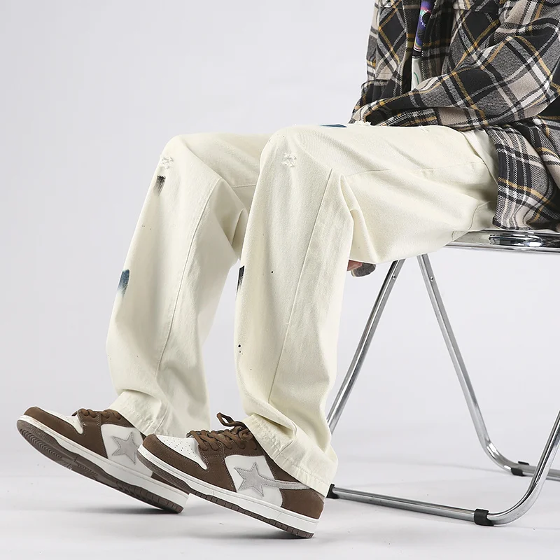 White Baggy Jeans Men Fashion Casual Graffiti Straight Jeans Men Japanese Streetwear Hip-hop Loose Denim Pants Mens Trousers