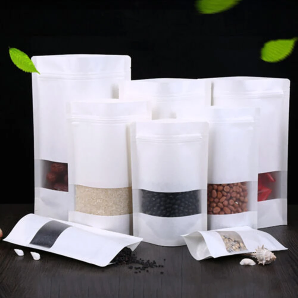 

50/100pcs Heat Seal White Paper Stand Up Pouch Food Grade Bags Kitchen Storage Organization Food Storage Bags Home Garden