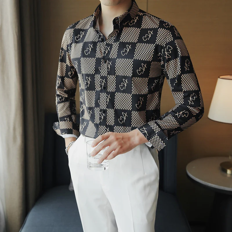 

Fashion Men Designer Clothing Korean Style Long Sleeve Mens Plaid Shirt Button-Down Chemise Homme Floral Streetwear Plus Size